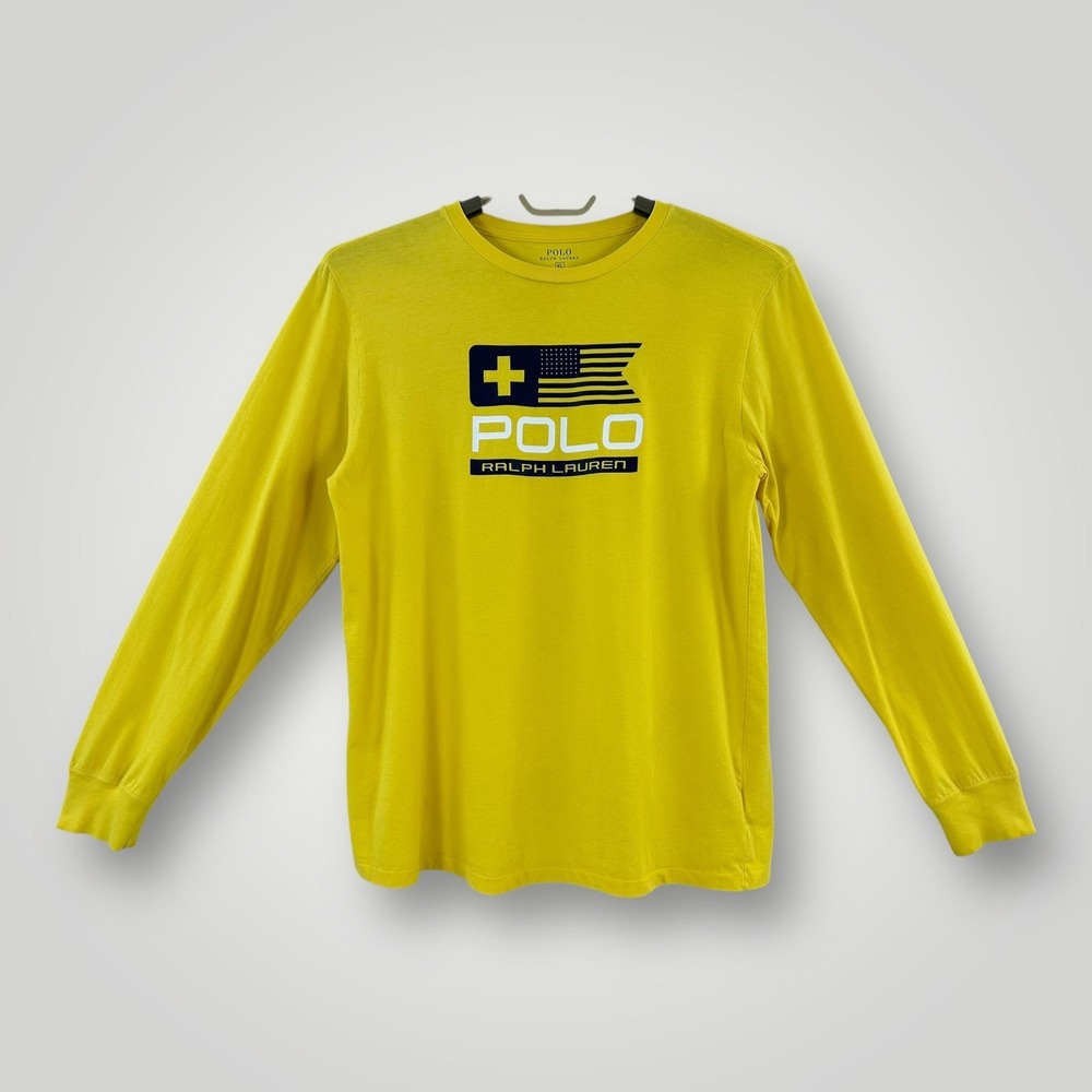 Polo Ralph Lauren Shirt Mens Size XL Yellow Long Sleeve USA Flag Logo Tee Cotton